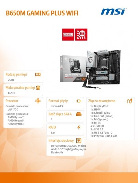 Płyta główna B650M GAMING PLUS WIFI AM5 4DDR5 HDMI/DP mATX MSI