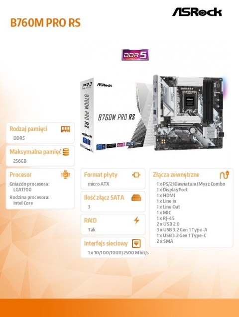 Płyta główna B760M Pro RS s1700 4DDR5 DP/HDMI mATX ASRock Płyta główna B760M Pro RS s1700 4DDR5 DP/HDMI mATX ASRock