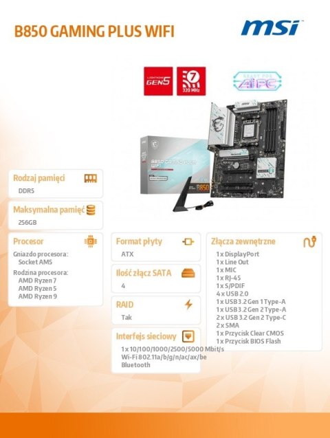Płyta główna B850 GAMING PLUS WIFI A M5 4DDR5 ATX MSI