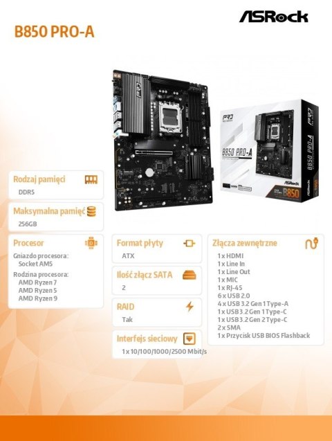 Płyta główna B850 PRO-A AM5 4DDR5 ATX ASRock Płyta główna B850 PRO-A AM5 4DDR5 ATX ASRock