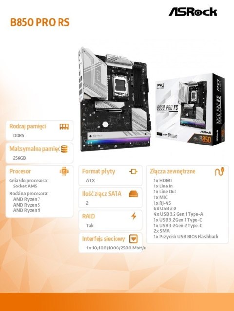 Płyta główna B850 PRO RS AM5 4DDR5 ATX ASRock Płyta główna B850 PRO RS AM5 4DDR5 ATX ASRock