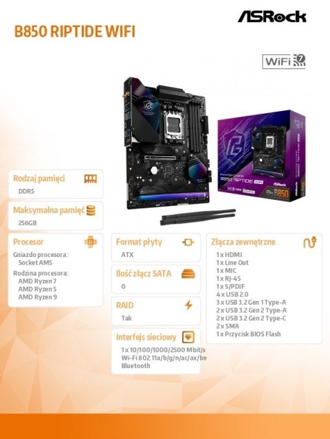 Płyta główna B850 Phantom Gaming Riptide WiFi AM5 4DDR5 ATX ASRock Płyta główna B850 Phantom Gaming Riptide WiFi AM5 4DDR5 ATX ASRock