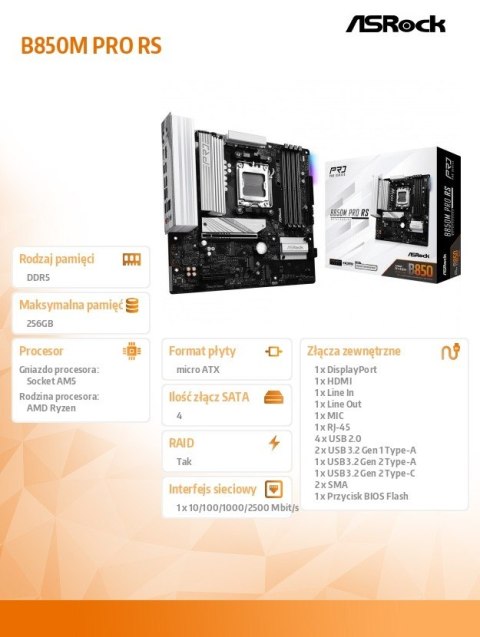 Płyta główna B850M PRO RS AM5 4DDR5 mATX ASRock Płyta główna B850M PRO RS AM5 4DDR5 mATX ASRock