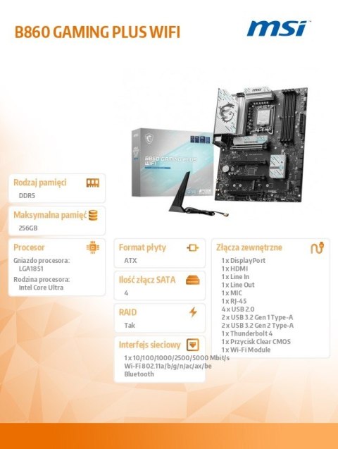 Płyta główna B860 GAMING PLUS WIFI s1851 4DDR5 ATX MSI