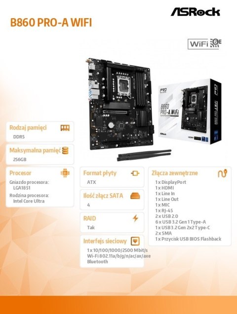 Płyta główna B860 PRO-A WIFI s1851 4DDR5 ATX ASRock Płyta główna B860 PRO-A WIFI s1851 4DDR5 ATX ASRock