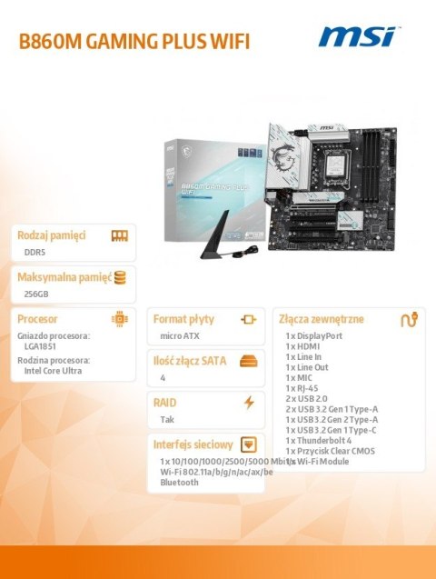 Płyta główna B860M GAMING PLUS WIFI s1851 4DDR5 ATX MSI