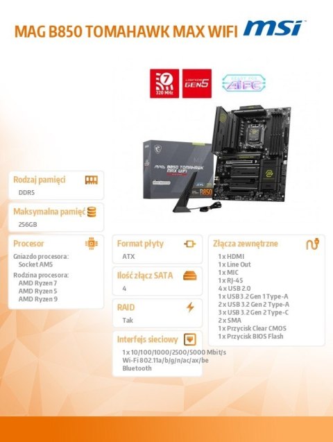 Płyta główna MAG B850 TOMAHAWK MAX WIFI AM5 4DDR5 ATX MSI