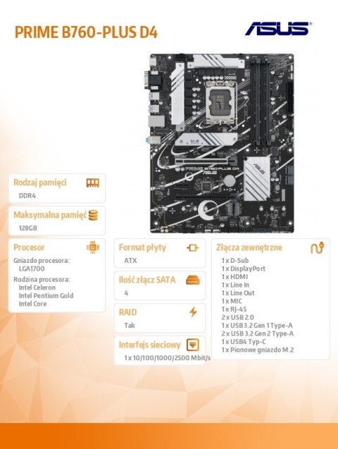 Płyta główna PRIME B760-PLUS D4 s1700 4DDR4 ATX Asus Płyta główna PRIME B760-PLUS D4 s1700 4DDR4 ATX Asus
