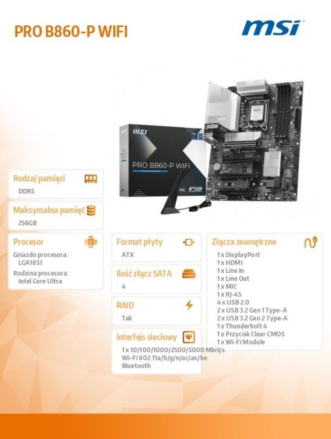 Płyta główna PRO B860-P WIFI s1851 4DDR5 ATX MSI