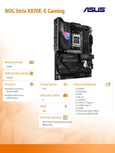 Płyta główna ROG STRIX X870E-E GAMIN G WIFI DDR5 HDMI/USB-C Asus Płyta główna ROG STRIX X870E-E GAMIN G WIFI DDR5 HDMI/USB-C Asus