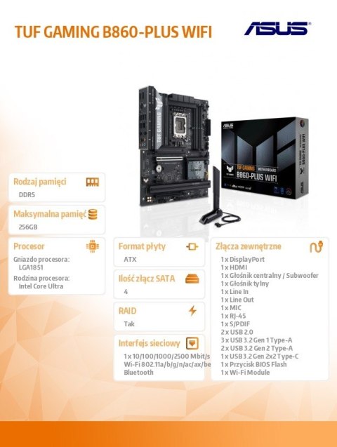 Płyta główna TUF GAMING B860-PLUS WIFI s1851 4DDR5 USBC ATX Asus Płyta główna TUF GAMING B860-PLUS WIFI s1851 4DDR5 USBC ATX Asus