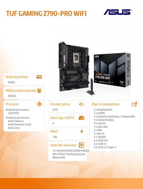 Płyta główna TUF GAMING Z790-PRO WIFI s1700 4DDR5 HDMI ATX Asus Płyta główna TUF GAMING Z790-PRO WIFI s1700 4DDR5 HDMI ATX Asus