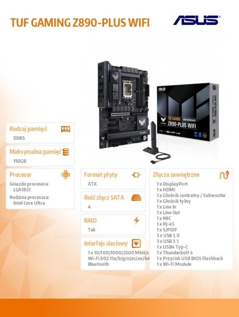 Płyta główna TUF GAMING Z890-PLUS WI FI S1851 4DDR5 TB4 ATX /90MB1IQ0-M0EAY0 Asus Płyta główna TUF GAMING Z890-PLUS WI FI S1851 4DDR5 TB4 ATX /90MB1IQ0-M0EAY0 Asus