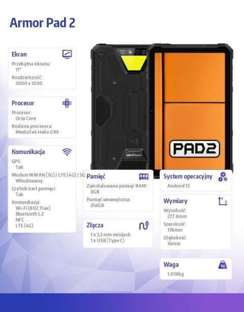 Tablet Armor Pad 2 4G 11" 8/256GB IP69K Czarny ULEFONE