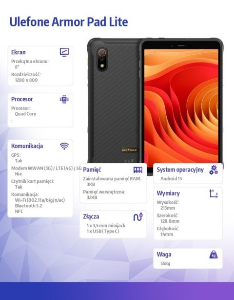Tablet Armor Pad Lite 4G 8" 3/32GB IP69K Czarny ULEFONE