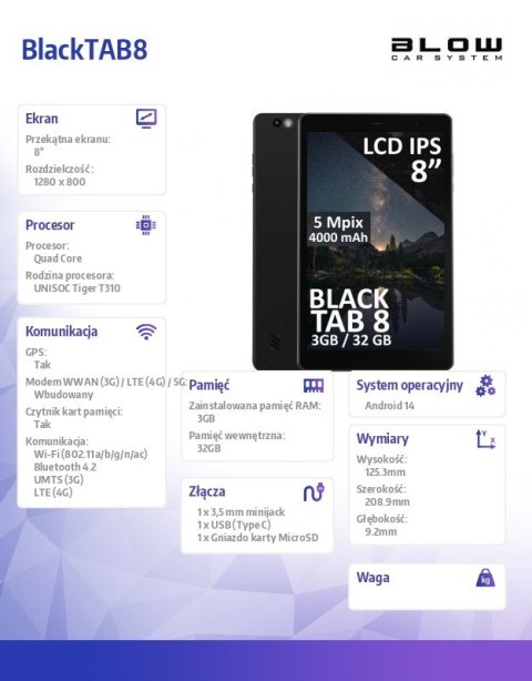 Tablet BlackTAB8 3/32GB 4G LTE 8 cali Czarny BLOW Tablet BlackTAB8 3/32GB 4G LTE 8 cali Czarny BLOW