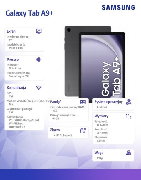 Tablet Galaxy Tab A9+ 11 cali Wifi 4/64 GB Szary Samsung