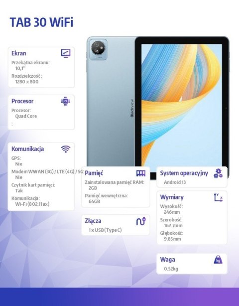 Tablet TAB 30 WiFi 10.1 cala 2/64GB 5100 mAh Niebieski Blackview
