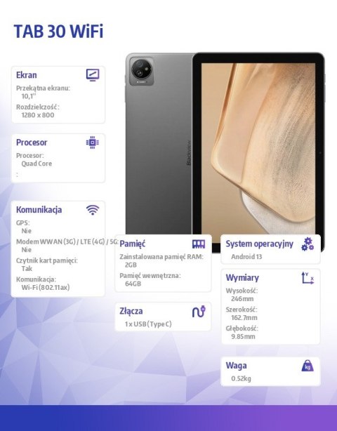 Tablet TAB 30 WiFi 10.1 cala 2/64GB 5100 mAh Szary Blackview