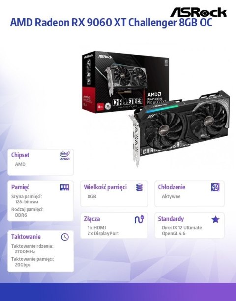 Karta graficzna RX 9060 XT CHALLENGER 8GB GDDR6 128bit 2DP/HDMI ASRock Karta graficzna RX 9060 XT CHALLENGER 8GB GDDR6 128bit 2DP/HDMI ASRock
