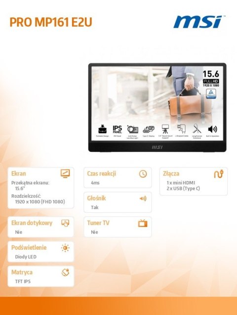 Monitor 15.6 cala PRO MP161 E2U LED/FHD/Flat/60Hz/szary MSI