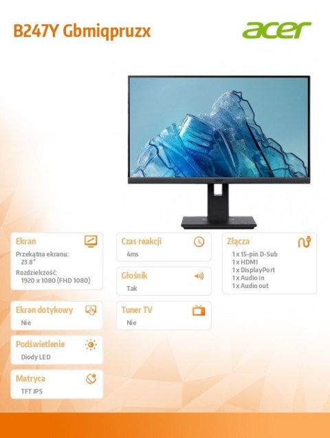 Monitor 23.8 cala B247YGbmiprx IPS/120Hz/4ms/VGA/HDMI Acer Monitor 23.8 cala B247YGbmiprx IPS/120Hz/4ms/VGA/HDMI Acer