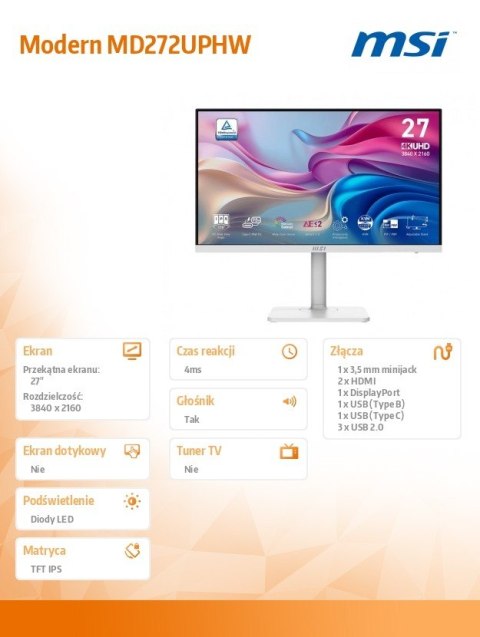 Monitor 27 cali Modern MD272UPHW LED/UHD/Flat/60Hz/biały MSI