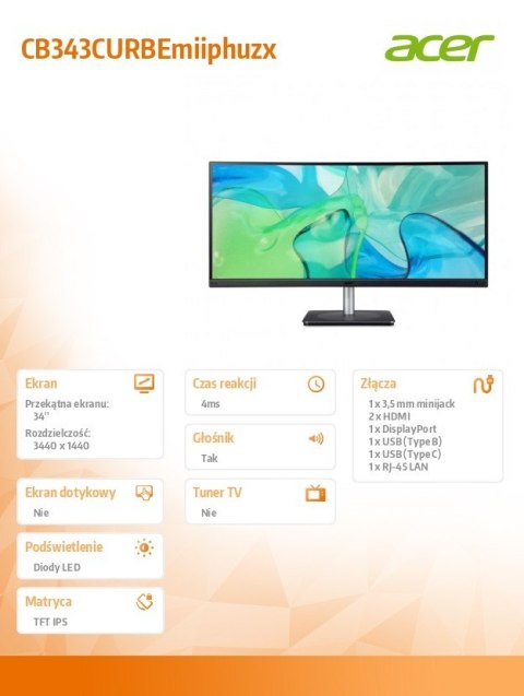 Monitor 34 cale CB343CURBEmiiphuzx WQHD IPS 2HDMI Acer Monitor 34 cale CB343CURBEmiiphuzx WQHD IPS 2HDMI Acer