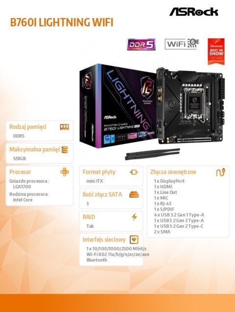 Płyta główna B760I LIGHTNING WIFI s1700 2DDR5 mITX DP/HDMI ASRock Płyta główna B760I LIGHTNING WIFI s1700 2DDR5 mITX DP/HDMI ASRock