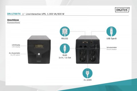 Zasilacz awaryjny UPS Line-Ineractive LCD, 1000VA/600W, 2x12V/7Ah, AVR, 4xSCHUKO, USB, RS232, RJ45 Digitus