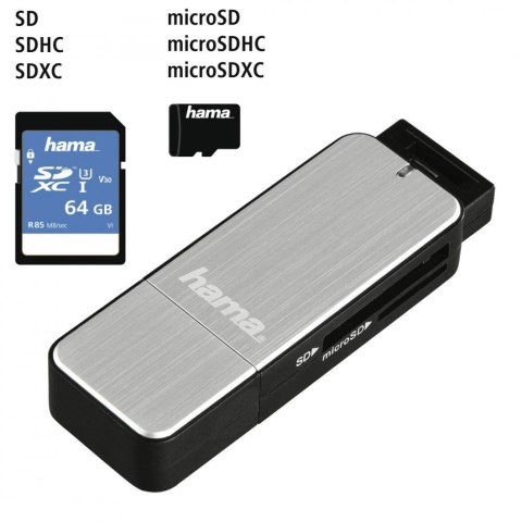 Czytnik kart SD/microSD USB 3.0 srebrny Hama