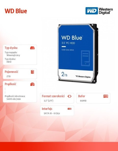 Dysk twardy WD Blue 2TB 3,5 64MB SATAIII 5400 RPM Western Digital