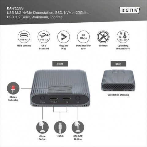 Obudowa/Stacja klonująca USB 3.1 Typ C na dyski SSD M.2 NVMe 20 Gbps aluminiowa, beznarzędziowa Digitus