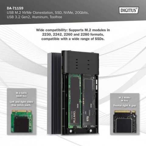 Obudowa/Stacja klonująca USB 3.1 Typ C na dyski SSD M.2 NVMe 20 Gbps aluminiowa, beznarzędziowa Digitus