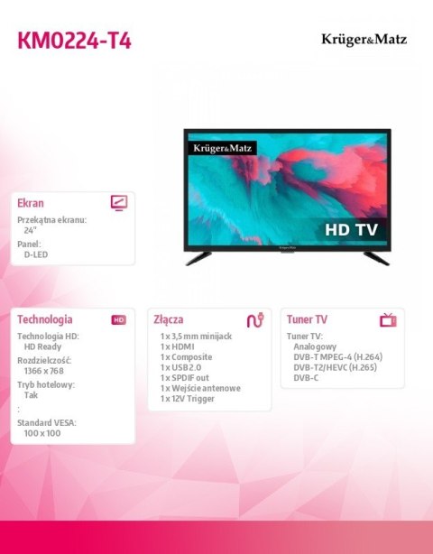 Telewizor 24 cale HD DVB-T2 H.265 HEVC Kruger & Matz