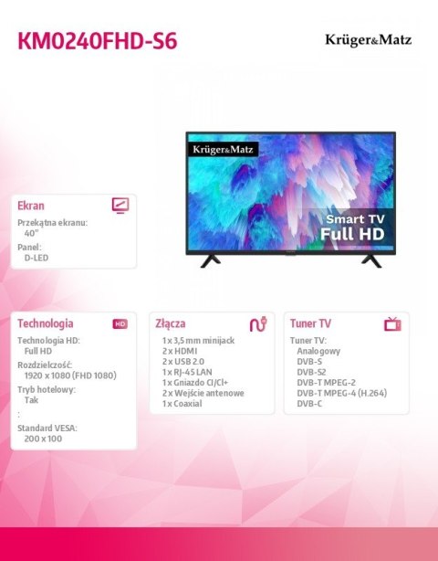 Telewizor 40 cali FHD smart DVB-T2/S2 H.265 HEVC Kruger & Matz