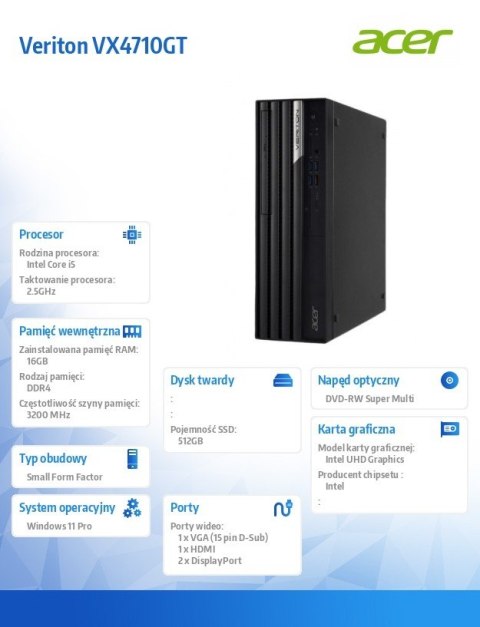 Komputer Veriton VX4710GT i5-13400/16GB/512GB/W11P Acer Komputer Veriton VX4710GT i5-13400/16GB/512GB/W11P Acer