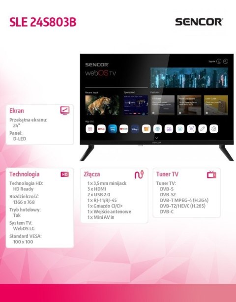 Telewizor 24 cale SMART webOS LG DVB-T/T2/C/S/S2 BT5 Sencor Telewizor 24 cale SMART webOS LG DVB-T/T2/C/S/S2 BT5 Sencor
