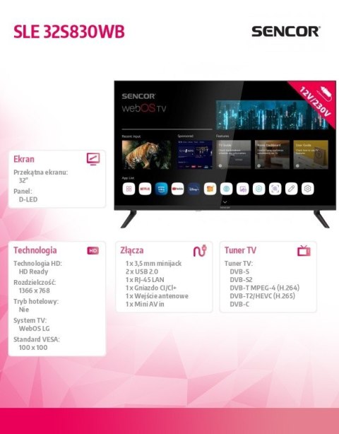 Telewizor 32 cale Smart webOS LG 12/240V SLE 32S830WB Wi-Fi BT5.0 Sencor Telewizor 32 cale Smart webOS LG 12/240V SLE 32S830WB Wi-Fi BT5.0 Sencor