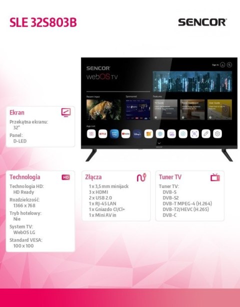 Telewizor 32 cale Smart webOS LG SLE 32S803B DVB-T/T2/C/S/S2 BT5 Sencor Telewizor 32 cale Smart webOS LG SLE 32S803B DVB-T/T2/C/S/S2 BT5 Sencor