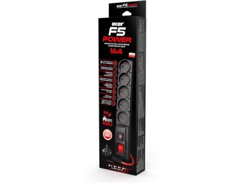 Listwa zasilająca F5 Power 1.5m 16A (5 gniazd) Czarna Acar Listwa zasilająca F5 Power 1.5m 16A (5 gniazd) Czarna Acar