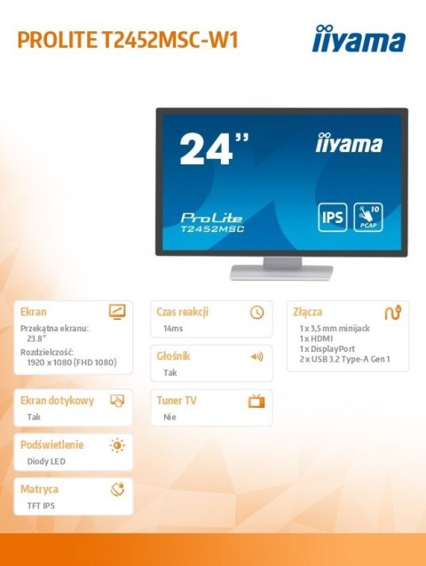 Monitor 24 cale T2452MSC-W1 10 PKT. POJ,IPS,HDMI,DP IIYAMA