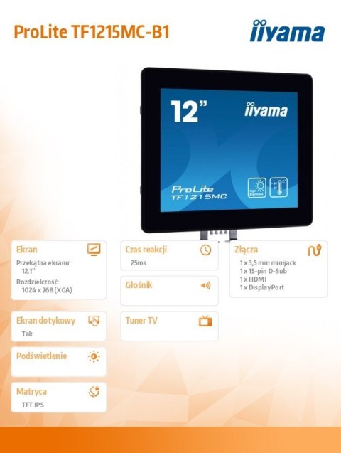 Monitor TF1215MC-B1 12cali IPS, HDMI, DP, VGA, IP65, poj.10pkt, 450cd/m2 IIYAMA