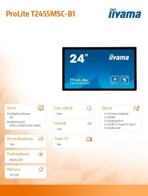 Monitor dotykowy 24 cale T2455MSC-B1 POJ.10PKT.IPS,HDMI,DP,USB3.0,CAM,MIC IIYAMA