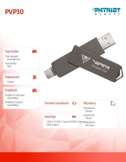 Dysk zewnętrzny SSD 512GB PVP30 Duo Compact 1000/1000 MB/s USB 3.2 USB-C Patriot