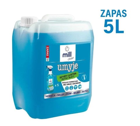 MILL CLEAN UMYJE 5 litrów. Płyn do mycia szyb, luster, glazury, płytek, blatów. Wszelkie powierzchnie bez smug i zacieków. Duży 