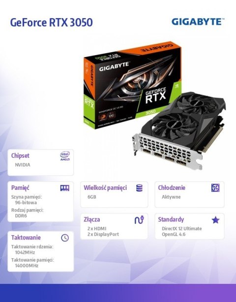 Karta graficzna GeForce RTX 3050 WINDFORCE OC V2 6GB GDDR6 96bit 2DP/2HDMI Gigabyte Karta graficzna GeForce RTX 3050 WINDFORCE OC V2 6GB GDDR6 96bit 2DP/2HDMI Gigabyte