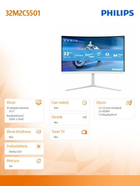 Monitor 31.5 cala 32M2C5501 Curved VA 180Hz HDMIx2 DP HAS Ambiglow Philips Monitor 31.5 cala 32M2C5501 Curved VA 180Hz HDMIx2 DP HAS Ambiglow Philips