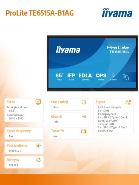 Monitor 65 cali TE6515A-B1AG IPS,4K,40pkt,550cd,DeepContrast-IR+, HDMI x2,DP,USB-C, 2 x 20W, OPS Slot x1, 5xUSB, 2xRJ45,8-Arr IIYAMA