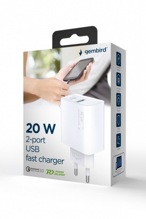 Ładowarka PowerDelivery USB-A USB-C 20W Biała Gembird